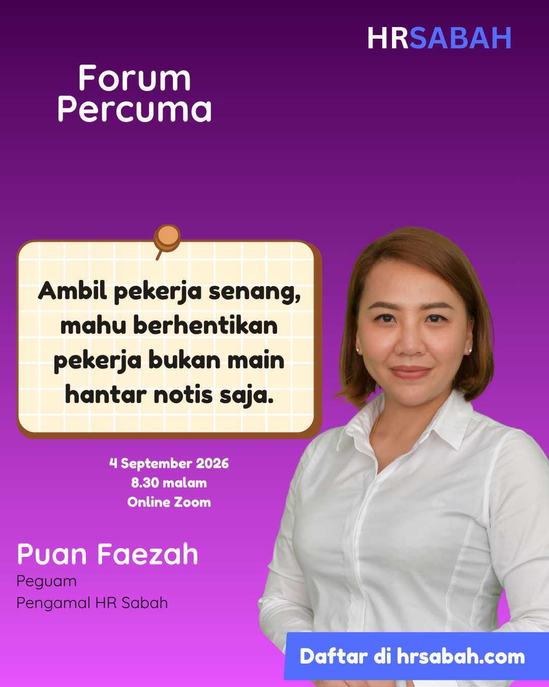 Poster Forum Percuma HR Sabah bersama Puan Faezah pada 4 September 2026